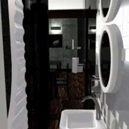 Wizualizacja łazienki z okrągłymi lustrami, białą umywalką i toaletą w tle, widok z perspektywy wejścia.