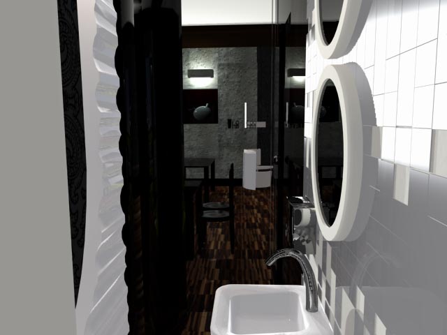 Wizualizacja łazienki z okrągłymi lustrami, białą umywalką i toaletą w tle, widok z perspektywy wejścia.