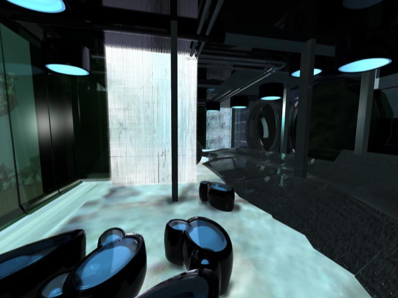 Wizualizacja wnętrza biurowego z futurystycznymi meblami, oświetleniem LED i pionowymi panelami akustycznymi.