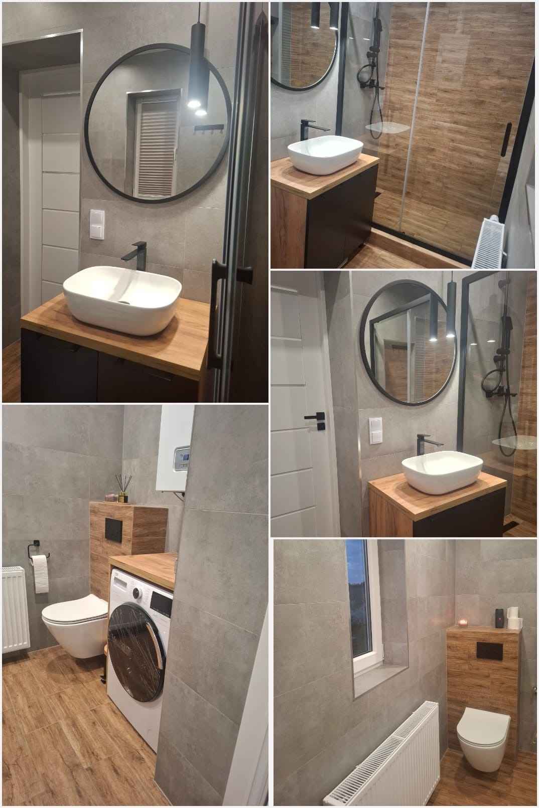 Nowoczesna łazienka z szarą glazurą, drewnianymi akcentami i okrągłym lustrem. Umywalka nablatowa, kabina prysznicowa typu walk-in i pralka tworzą spójną całość.