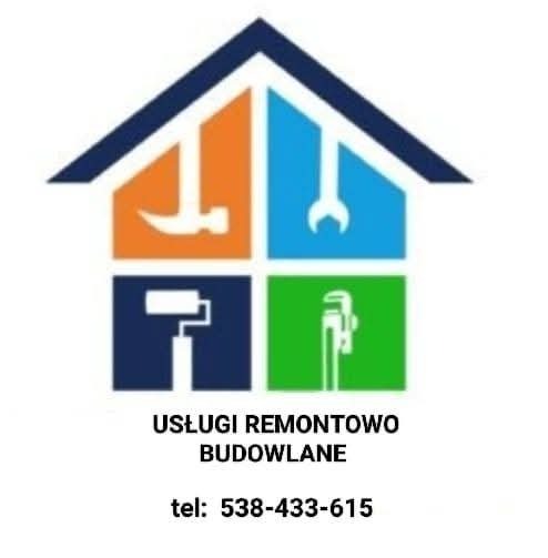 Logo firmy remontowo-budowlanej: stylizowany dom z ikonami narzędzi (młotek, klucz, wałek, klucz hydrauliczny) i numerem telefonu.