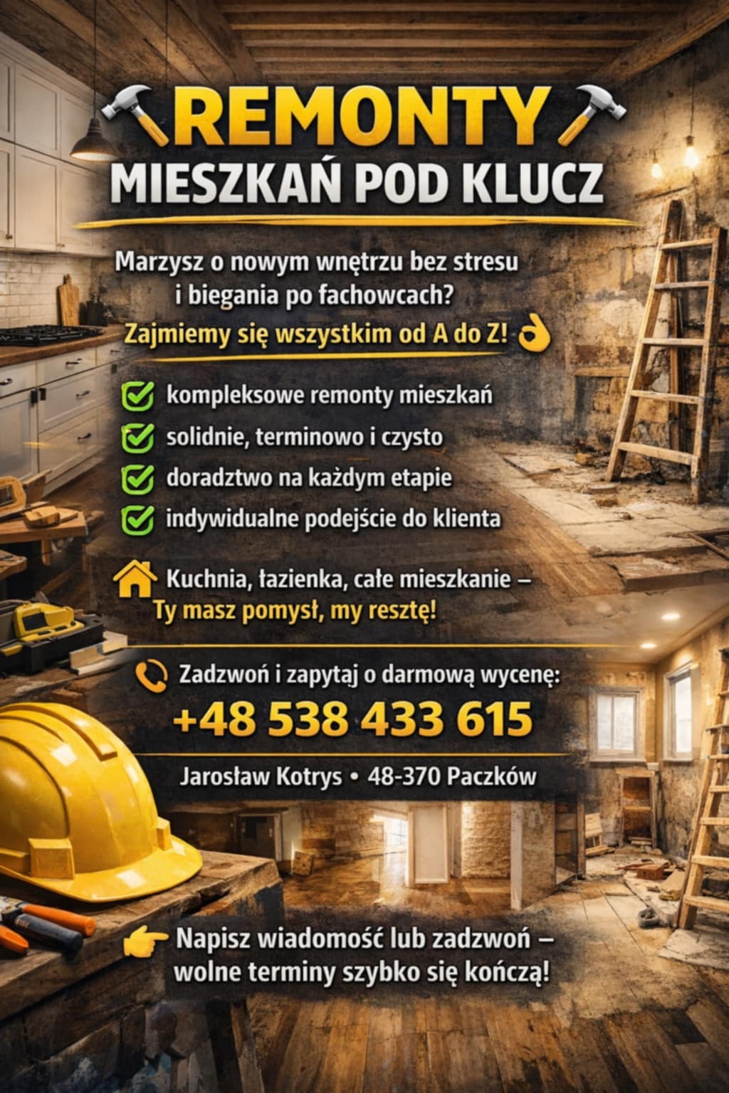 Baner reklamowy remontów mieszkań pod klucz z hasłami: solidnie, terminowo, czysto. Widoczny numer telefonu i adres. W tle kuchnia i drabina.