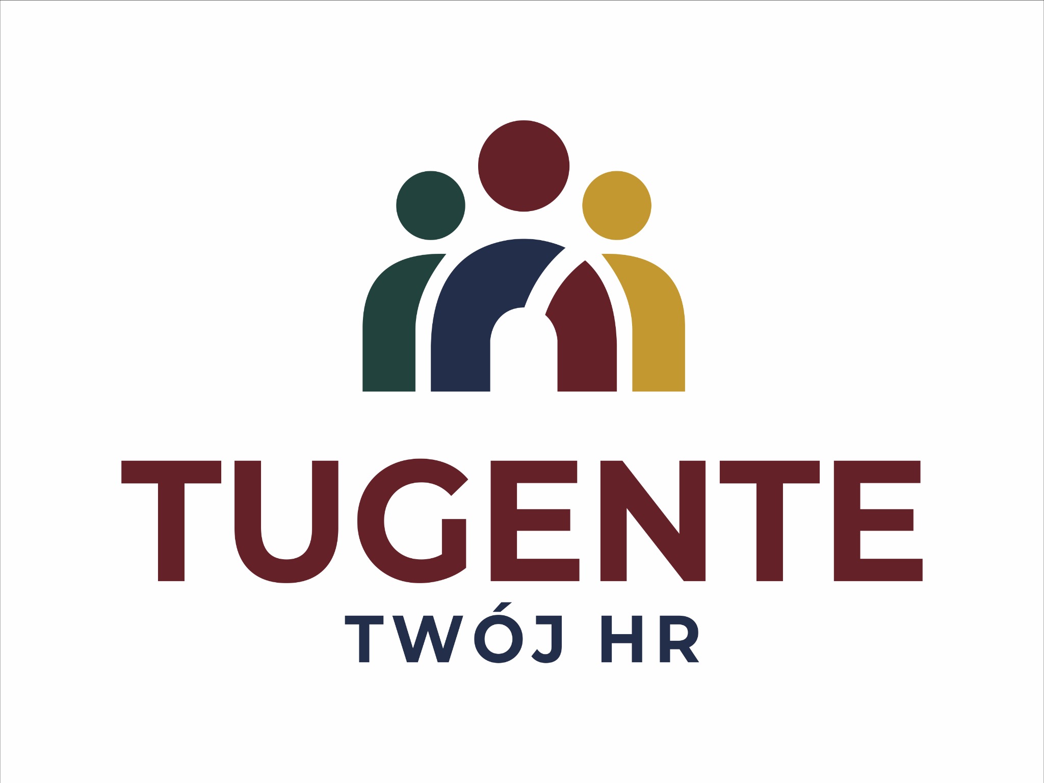 Logo firmy TUGENTE - Twój HR. Grafika przedstawia trzy stylizowane postacie w kolorach zielonym, granatowym i żółtym, zwieńczone okręgami. Pod spodem nazwa firmy.