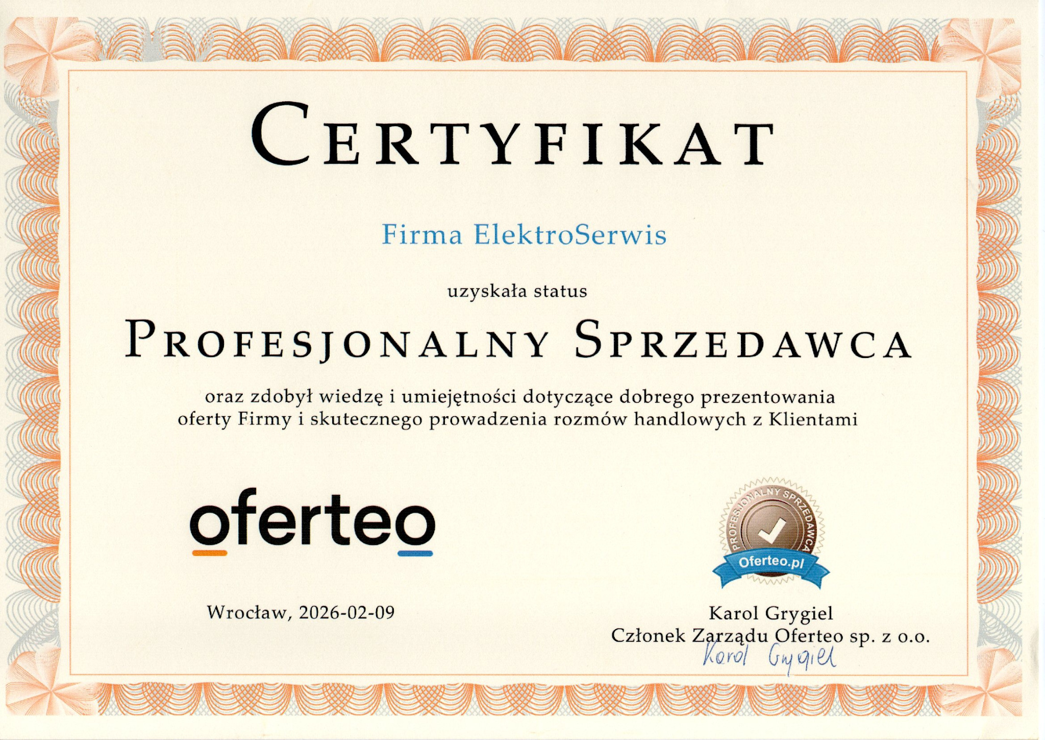 Certyfikat 'Profesjonalny Sprzedawca' dla Firmy Elektro Serwis od Oferteo, potwierdzający wiedzę i umiejętności w prezentowaniu oferty i prowadzeniu rozmów handlowych.