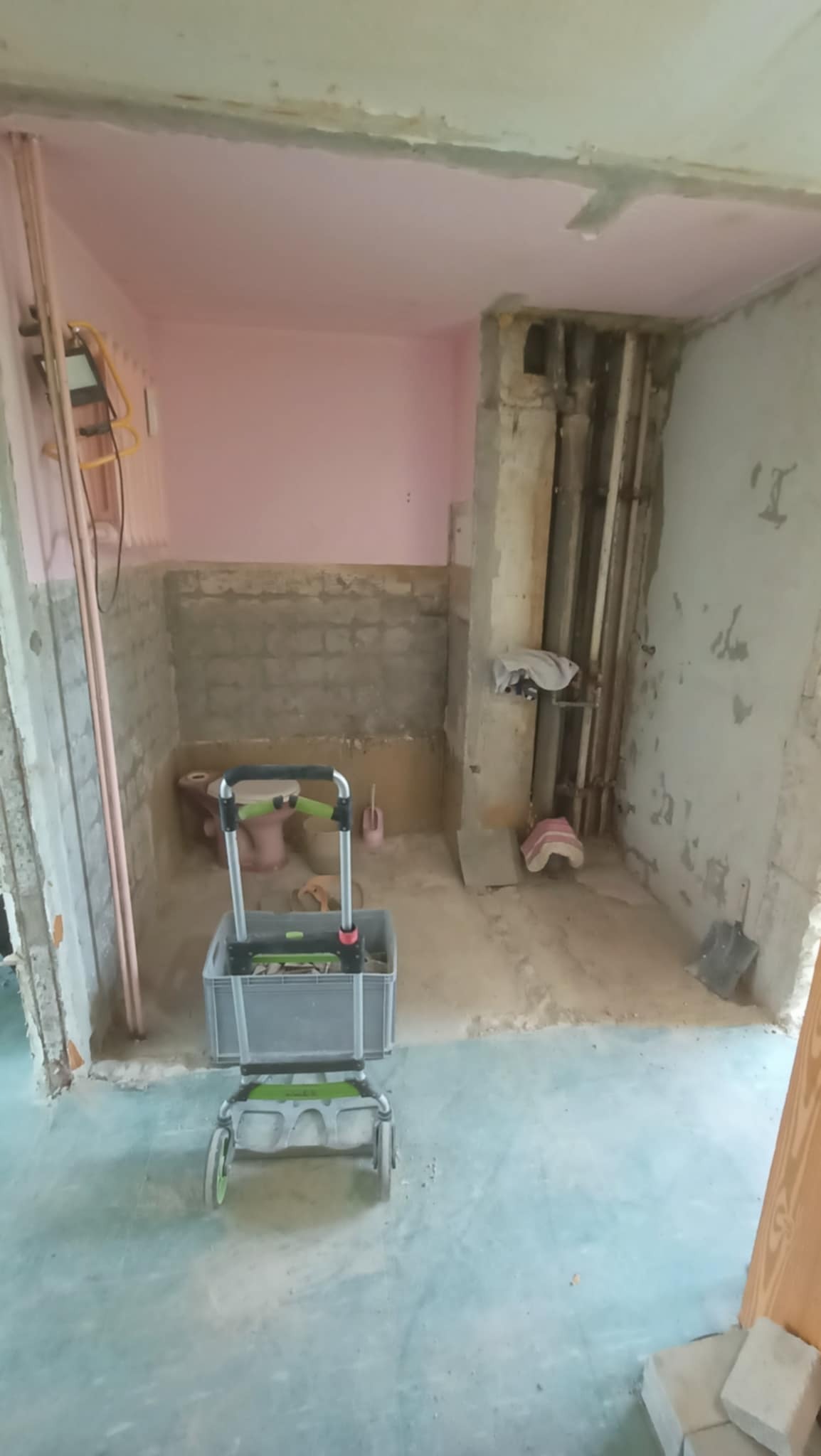 Łazienka w trakcie demontażu, widoczne rury, ściany w stanie surowym, w tle różowa toaleta. W centrum wózek z narzędziami. Etap przygotowawczy do remontu.