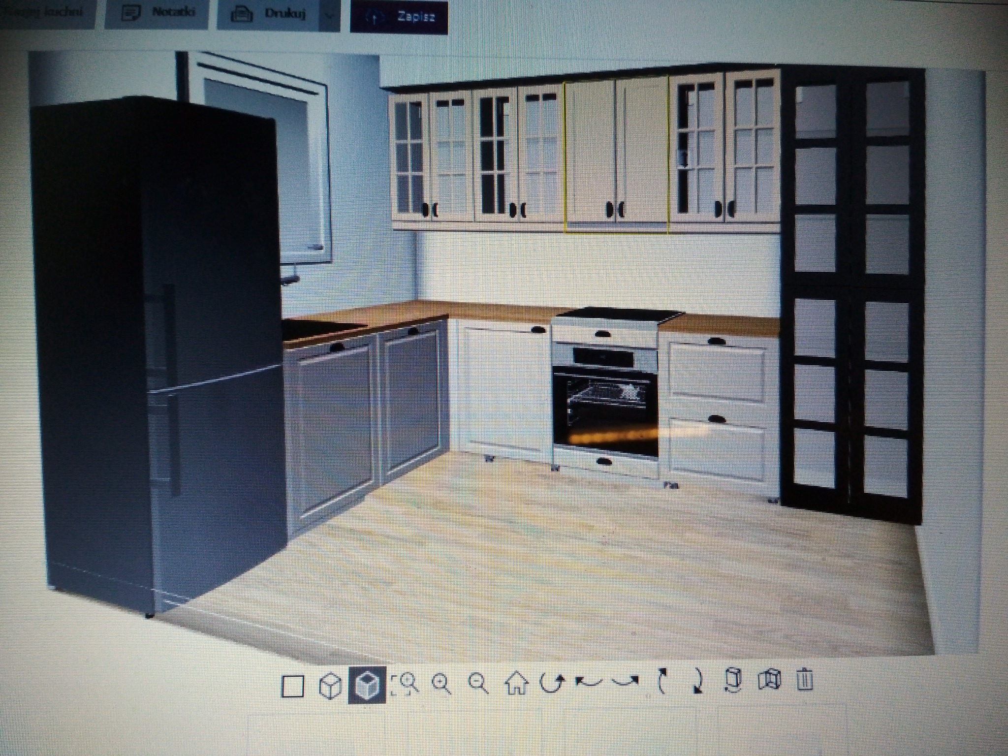 Wizualizacja kuchni z zabudową w odcieniach szarości, bieli i czerni. Górne szafki z przeszkleniami, dolne pełne. Widoczny sprzęt AGD. Ujęcie z perspektywy.