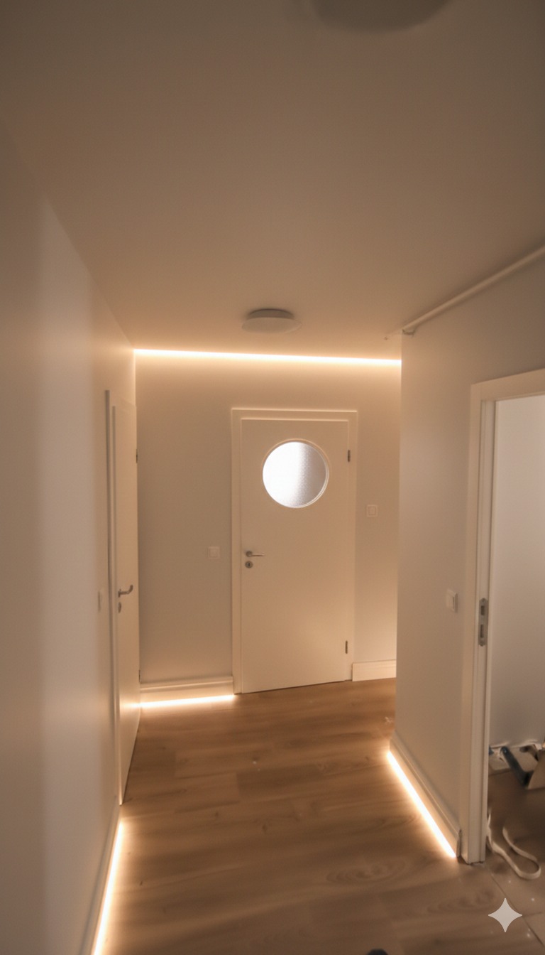Biały korytarz z drewnianą podłogą i oświetleniem LED przy suficie i podłodze. Na wprost drzwi z okrągłym oknem. Po bokach drzwi do innych pomieszczeń.