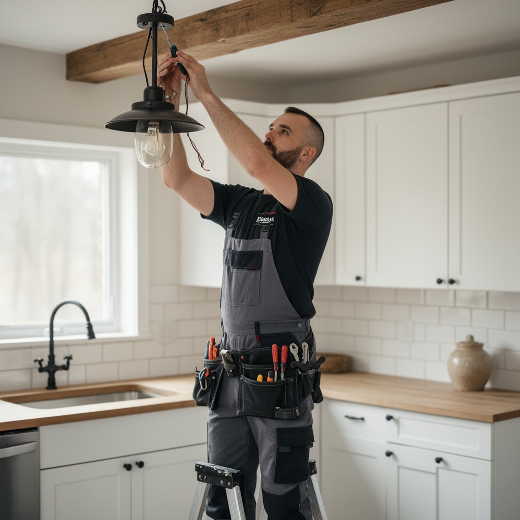 Elektryk na drabinie montuje czarną lampę w kuchni z białymi szafkami i drewnianym blatem. Widoczne narzędzia w pasie. Belka stropowa w tle.