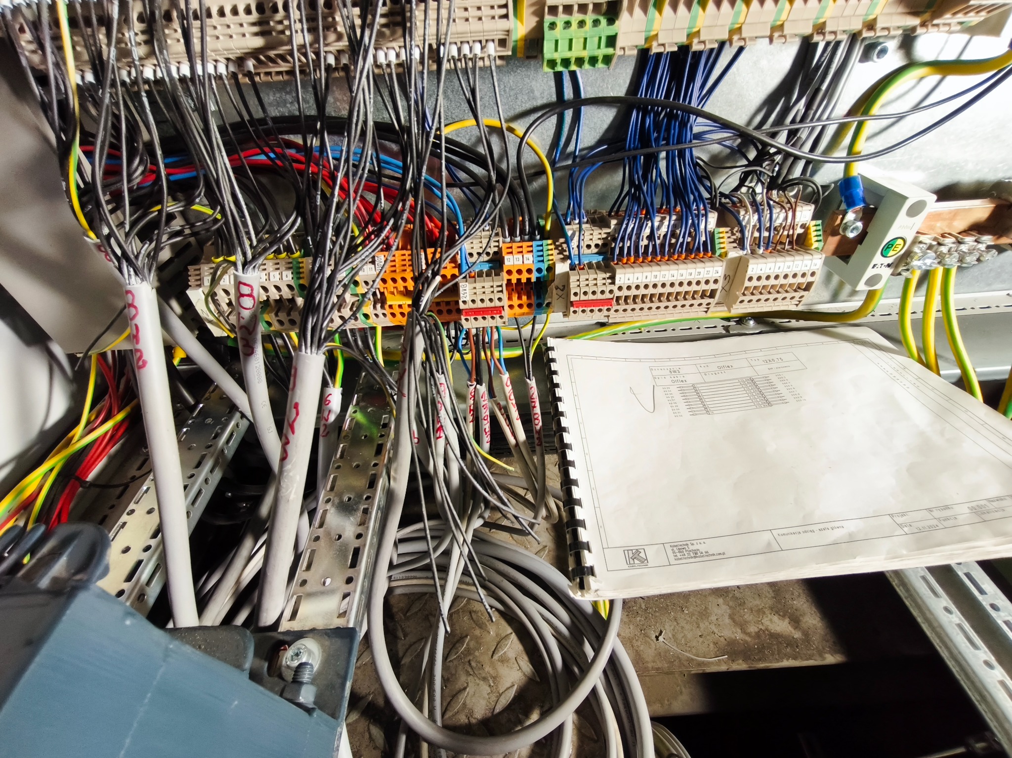Rozbudowana szafa sterownicza z licznymi przewodami, listwami zaciskowymi i dokumentacją techniczną. Widoczne kable w różnych kolorach i przekrojach, uporządkowane w wiązki.