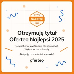 OCHRONA JUWENTUS - Grafika z pomarańczowym logo 'Oferteo Najlepsi 2025' i tekstem 'Otrzymuję tytuł Oferteo Najlepsi 2025', wyróżnienie dla najlepszych Wykonawców w branży.