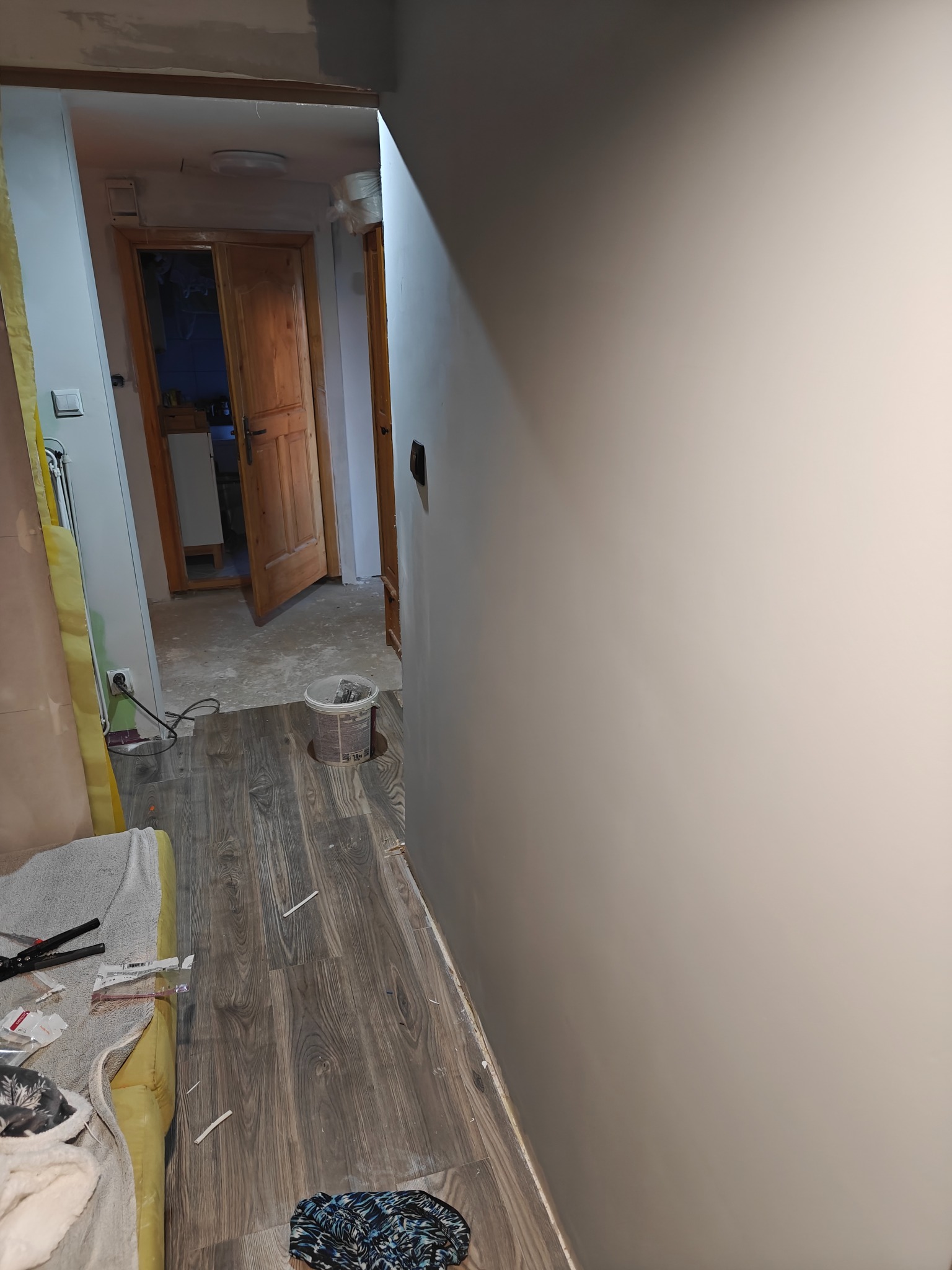 Korytarz w trakcie malowania: świeżo pomalowana ściana w odcieniach szarości, widoczne narzędzia malarskie i wiadro z farbą, drewnopodobna podłoga. W tle otwarte drzwi.