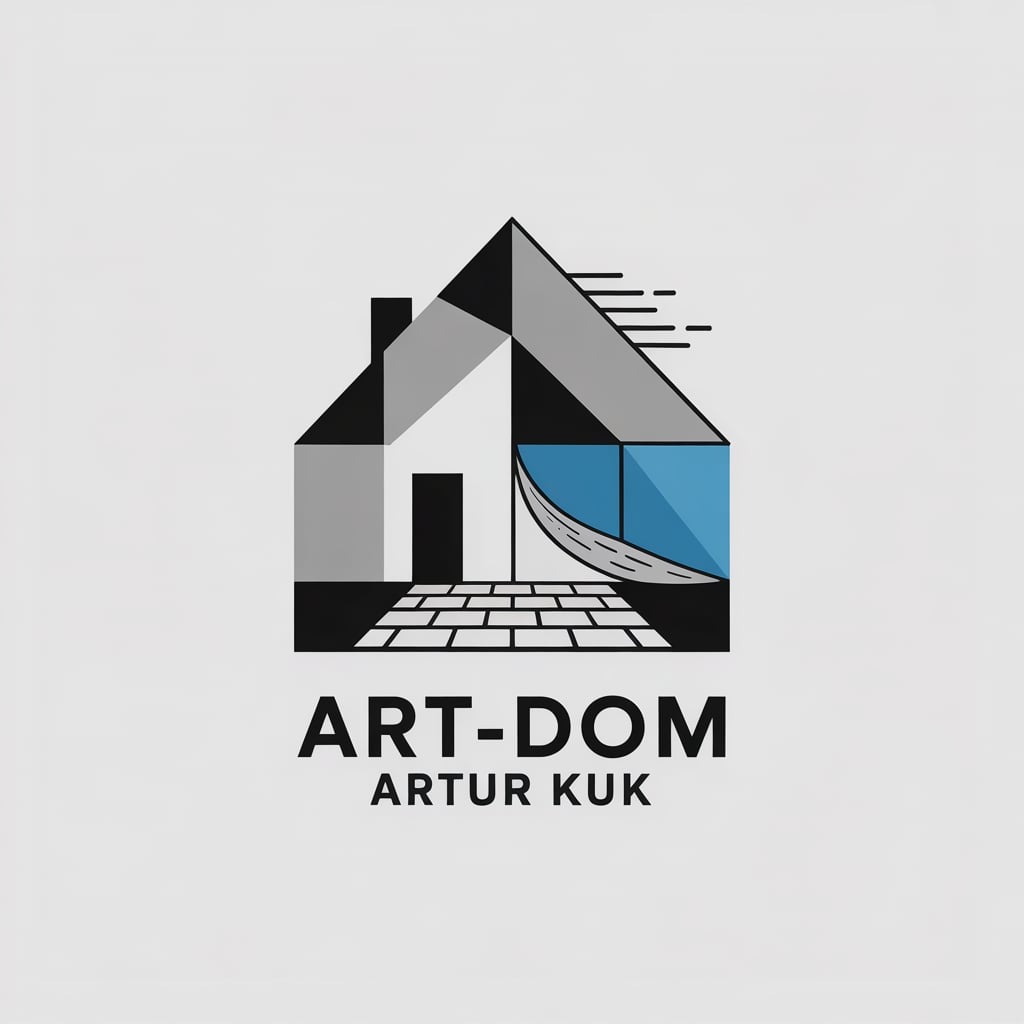 Geometryczny logotyp firmy budowlanej Art-Dom Artur Kuk. Stylizowany dom z ceglaną ścieżką, szarym dachem i błękitnym oknem na jasnym tle.