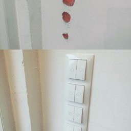 ElectricLoop - Dwa ujęcia na jednym zdjęciu: górne pokazuje wywiercone otwory w ścianie, dolne - zamontowany panel z pięcioma włącznikami światła w białej ramce.