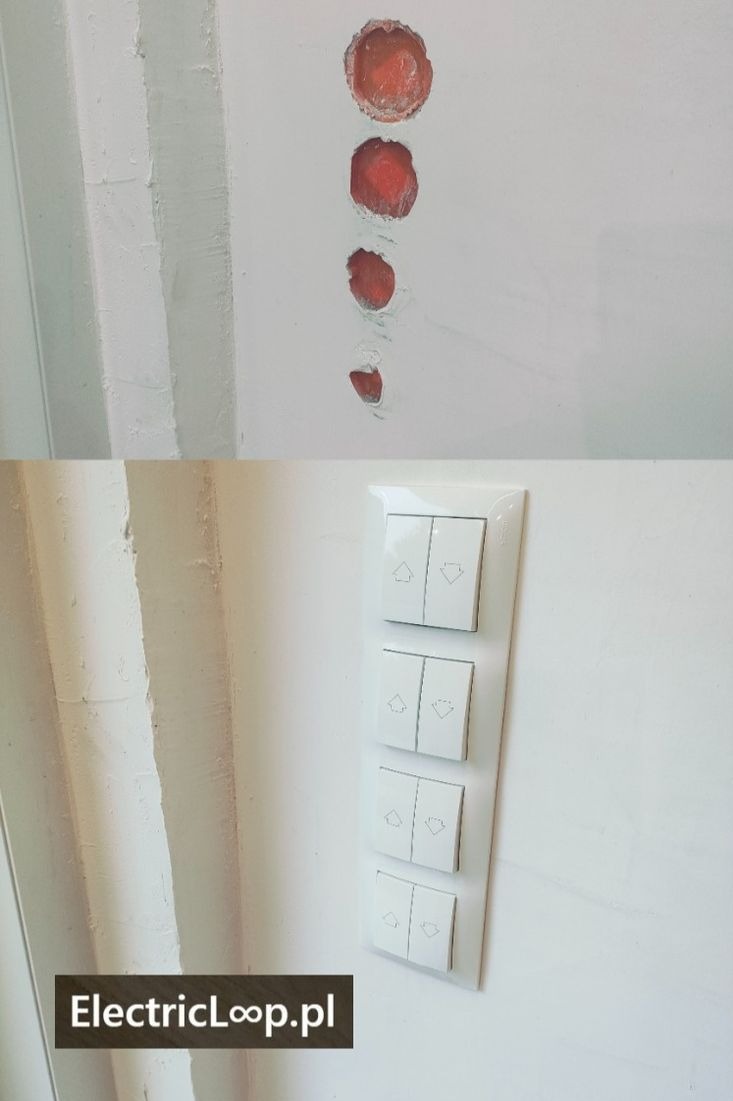 Dwa ujęcia na jednym zdjęciu: górne pokazuje wywiercone otwory w ścianie, dolne - zamontowany panel z pięcioma włącznikami światła w białej ramce.