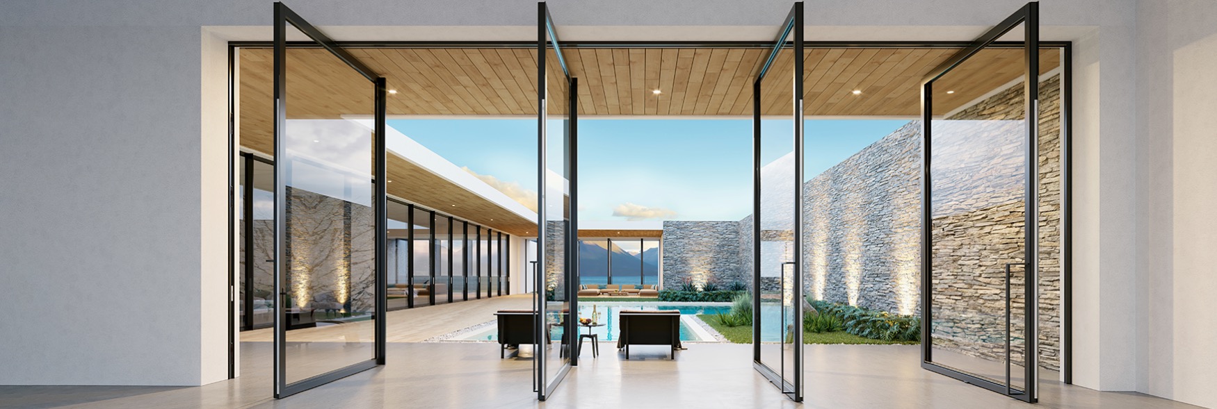 Nowoczesne, szklane drzwi harmonijkowe z czarnymi ramami otwierają się na taras z basenem i widokiem na morze. Minimalistyczny design, kamienne ściany, drewniany sufit.