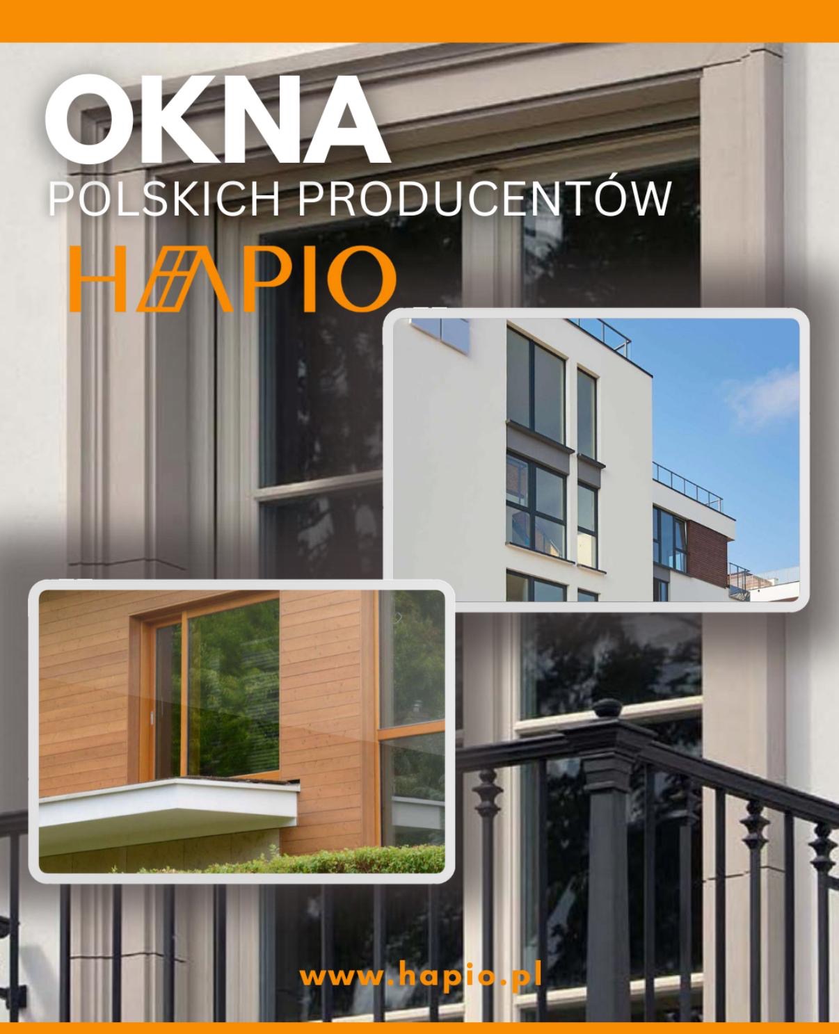 Kompozycja z oknami różnych typów i wykończeń, prezentująca ofertę producenta. Widoczne okna drewniane i nowoczesne okna w budynku.