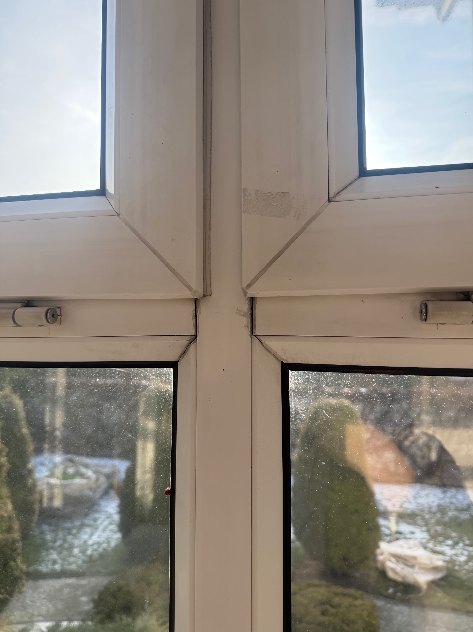 Białe, brudne ramy okienne z widocznymi śladami po naprawach i zabrudzeniami. Na szybie widać ogród z elementami zimowego krajobrazu. Na ramie okna siedzi biedronka.