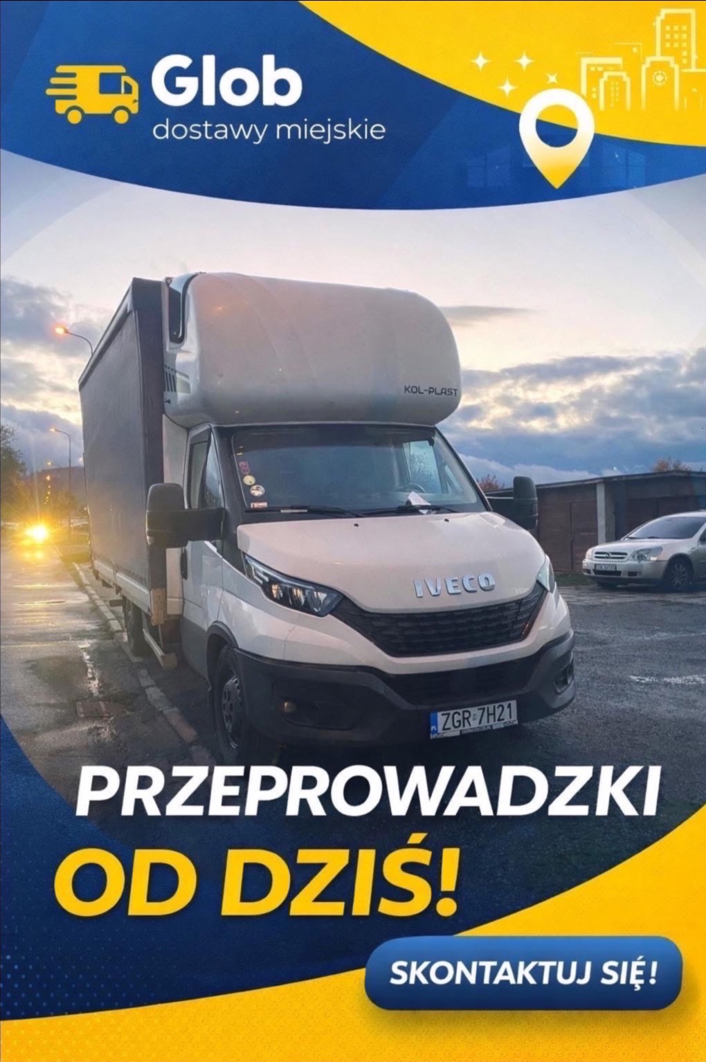 Reklama firmy Glob: biała furgonetka Iveco na tle miejskim, z hasłem 'Przeprowadzki od dziś!' i wezwaniem do kontaktu. Żółto-niebieska grafika.