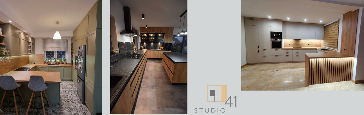 Nowoczesna kuchnia z wyspą, fronty w odcieniach szarości i drewna, oświetlenie LED, czarne blaty i okap. Widok na trzy różne części kuchni.