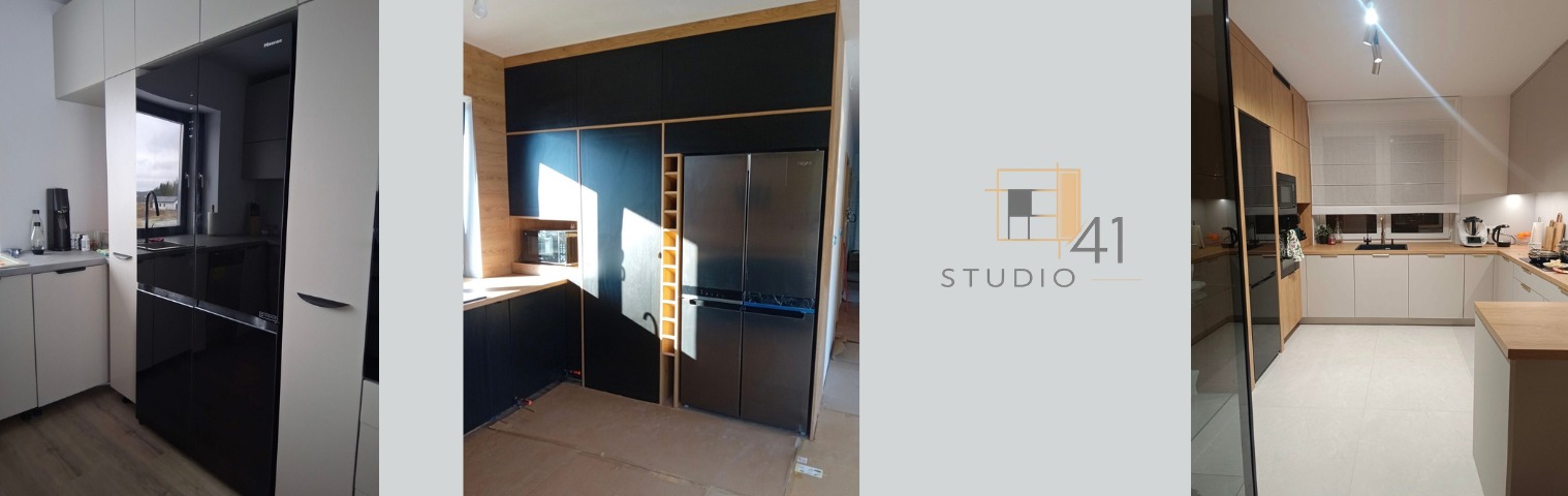 Nowoczesna kuchnia z czarnymi frontami i drewnianymi akcentami, zabudowana lodówka, oświetlenie punktowe, minimalistyczny design. Widok na trzy różne ujęcia kuchni.