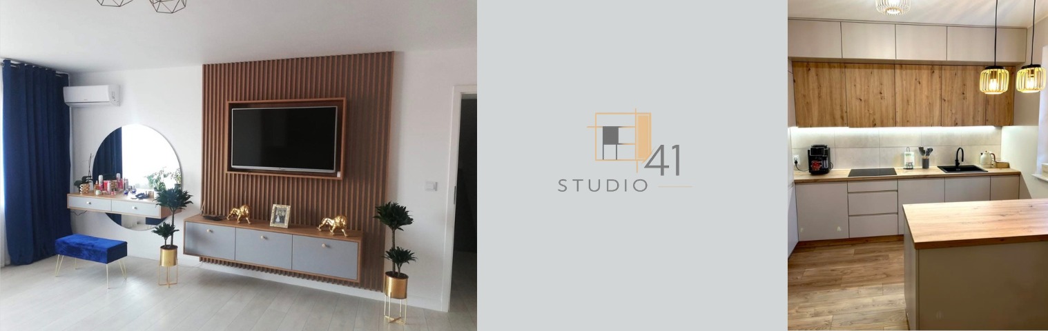 Nowoczesna aranżacja wnętrza: szafka RTV z lamelami, toaletka z okrągłym lustrem i kuchnia z drewnianymi akcentami. Całość w jasnej kolorystyce.