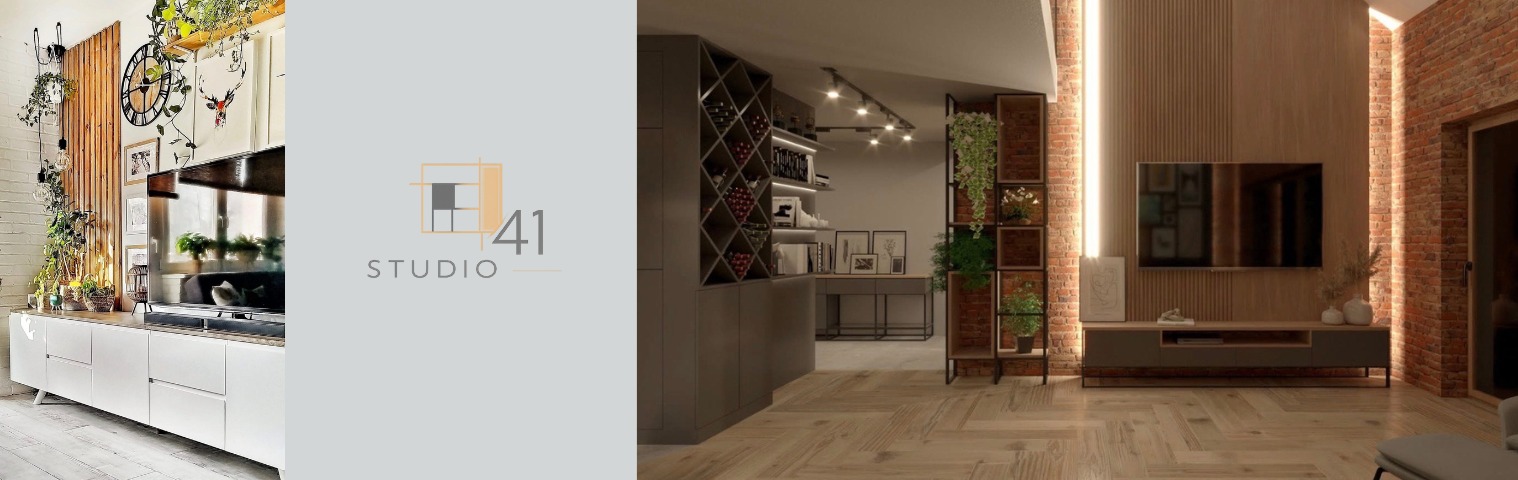 Nowoczesny salon z szafką RTV, regałem na wino i ścianą z cegły, oświetlony ledami. Widoczne rośliny doniczkowe i parkiet w jodełkę.