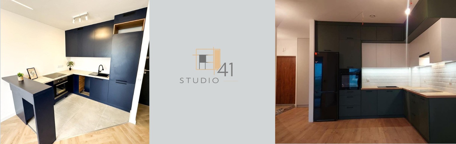 Nowoczesna kuchnia na wymiar w odcieniach granatu i zieleni z drewnianymi blatami, oświetleniem LED i wyspą. Widok na dwie ściany kuchni z różnych perspektyw.