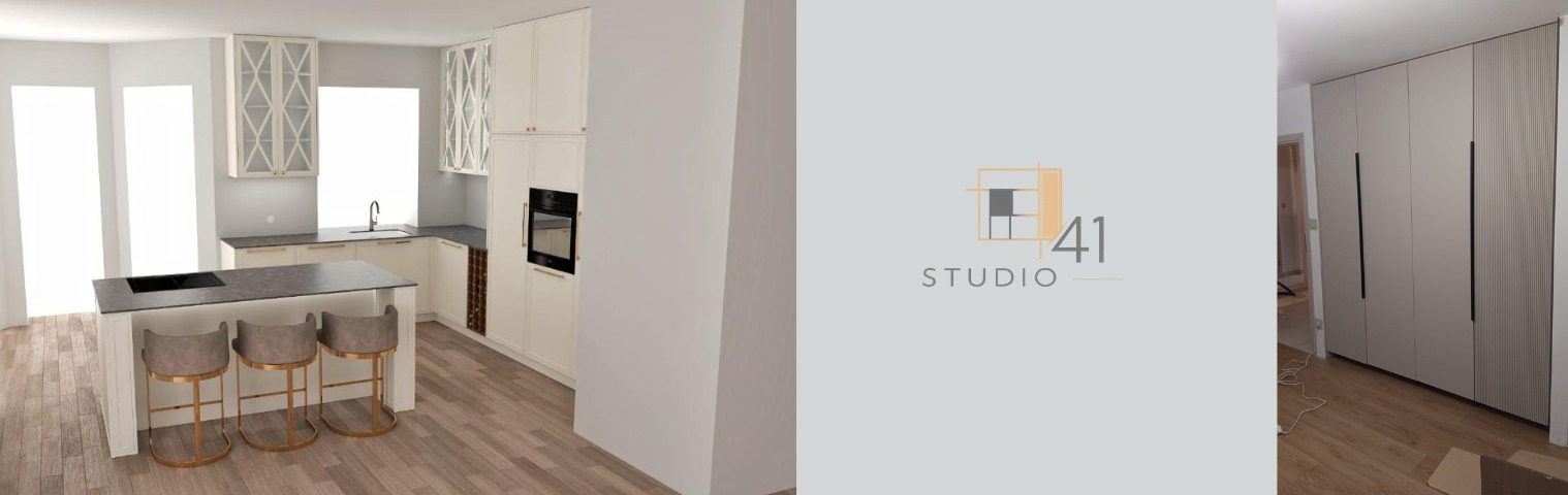 Wnętrze z zabudową kuchenną w odcieniach bieli, z wyspą i hokerami, oraz szafa wnękowa z frezowanymi frontami. Projekt 41 Studio.