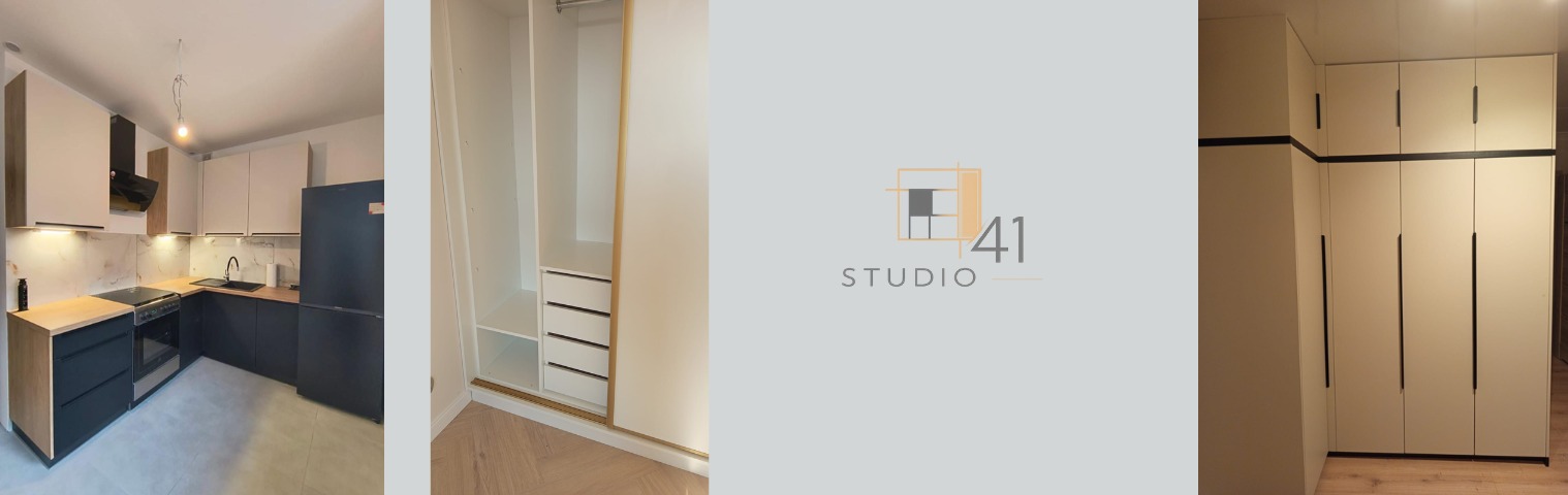 Nowoczesna kuchnia z ciemnymi szafkami dolnymi i jasnymi górnymi, obok szafa wnękowa z przesuwnymi drzwiami i wysoka szafa z długimi uchwytami.