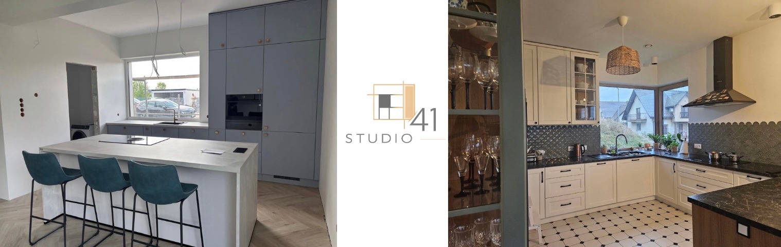 Dwie aranżacje kuchni: szara z wyspą i drewnianą podłogą w jodełkę oraz biała z czarnym blatem i wzorzystą podłogą. Widoczne logo studia projektowego.