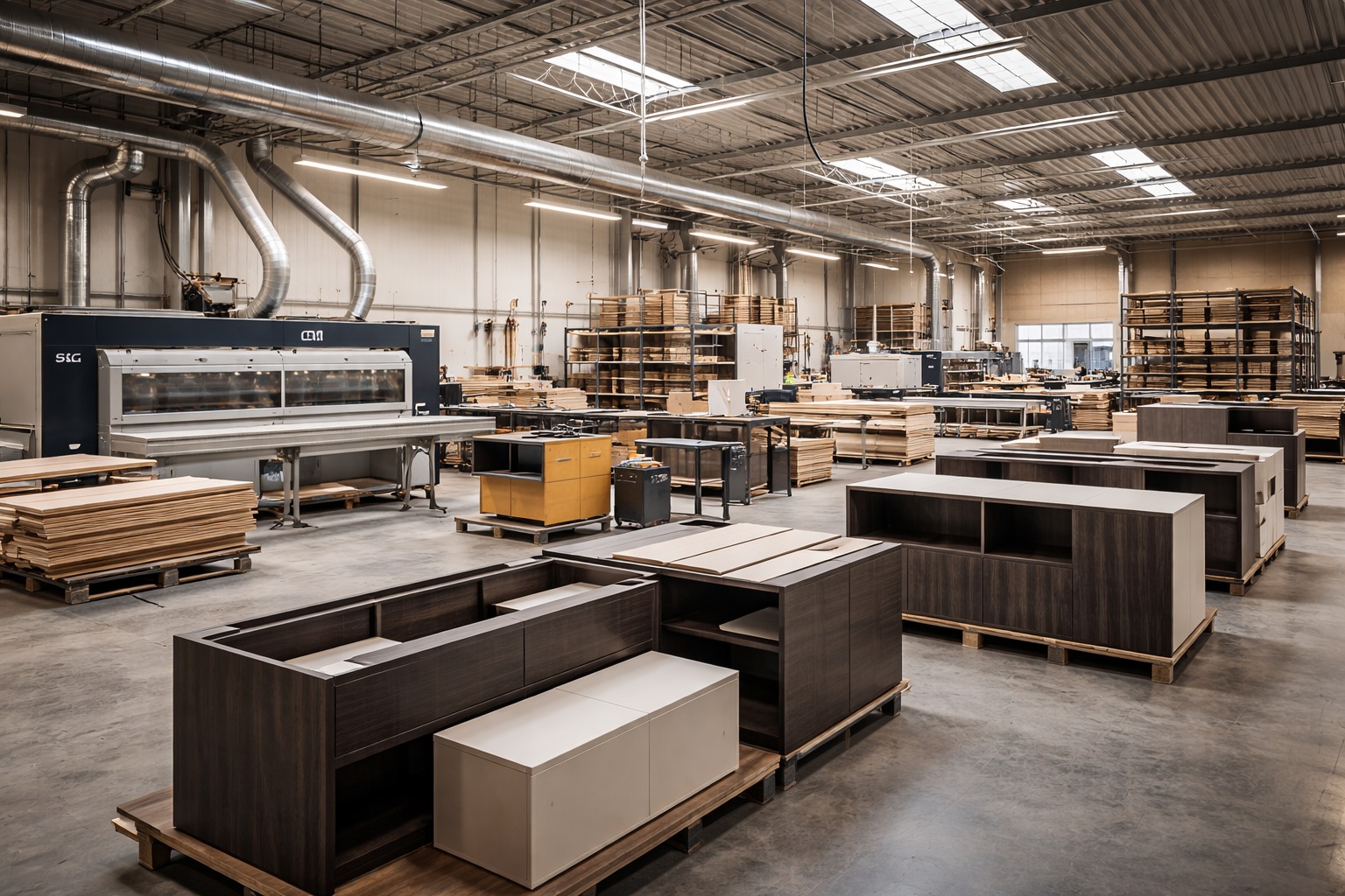 Warsztat meblarski z maszynami CNC i elementami szafek w kolorze ciemnego drewna i bieli na paletach, gotowych do montażu lub transportu. Duża hala produkcyjna.