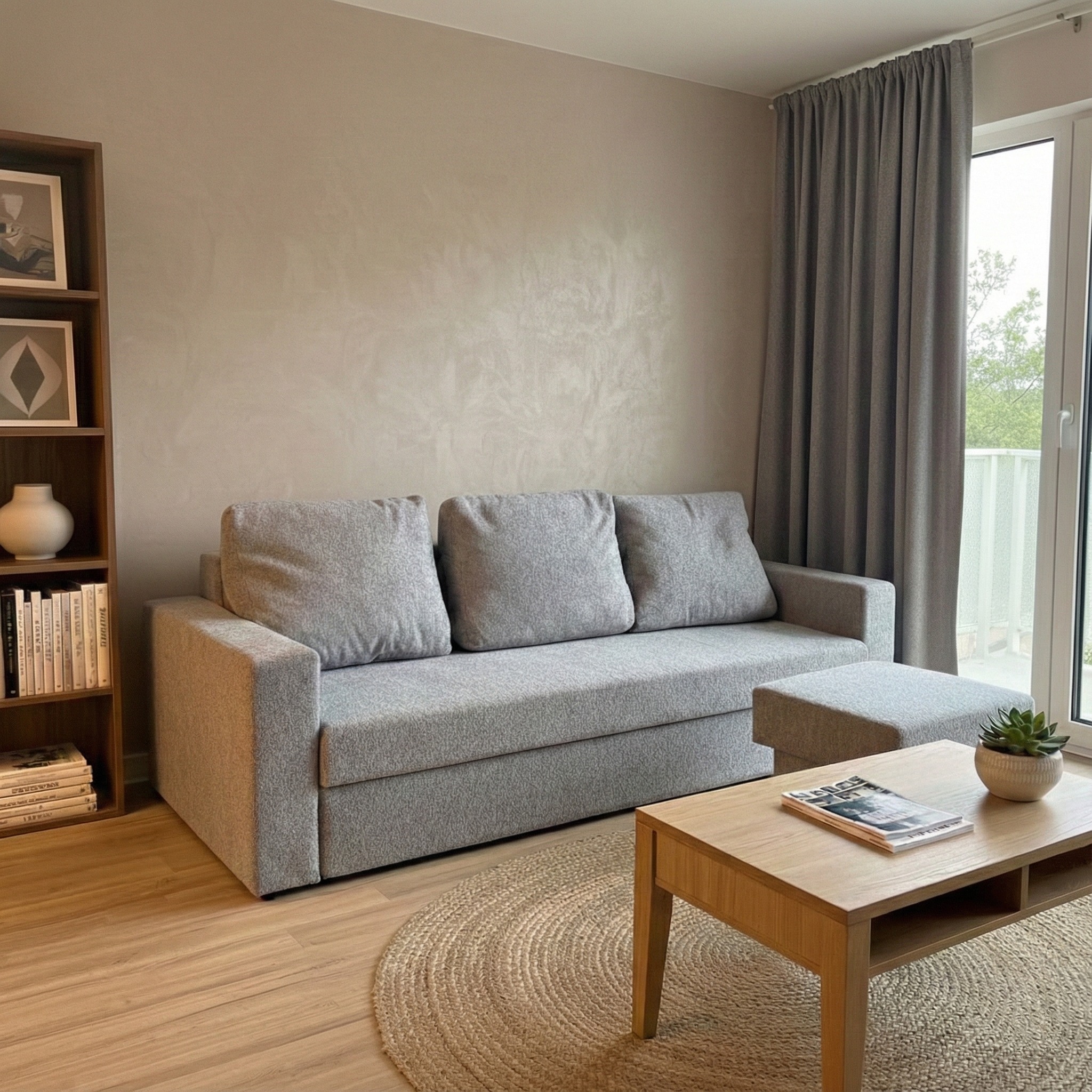 Szara sofa z podnóżkiem i drewnianym stolikiem kawowym na okrągłym dywanie, obok regał z książkami i dekoracjami, zasłony w tle, jasne wnętrze.