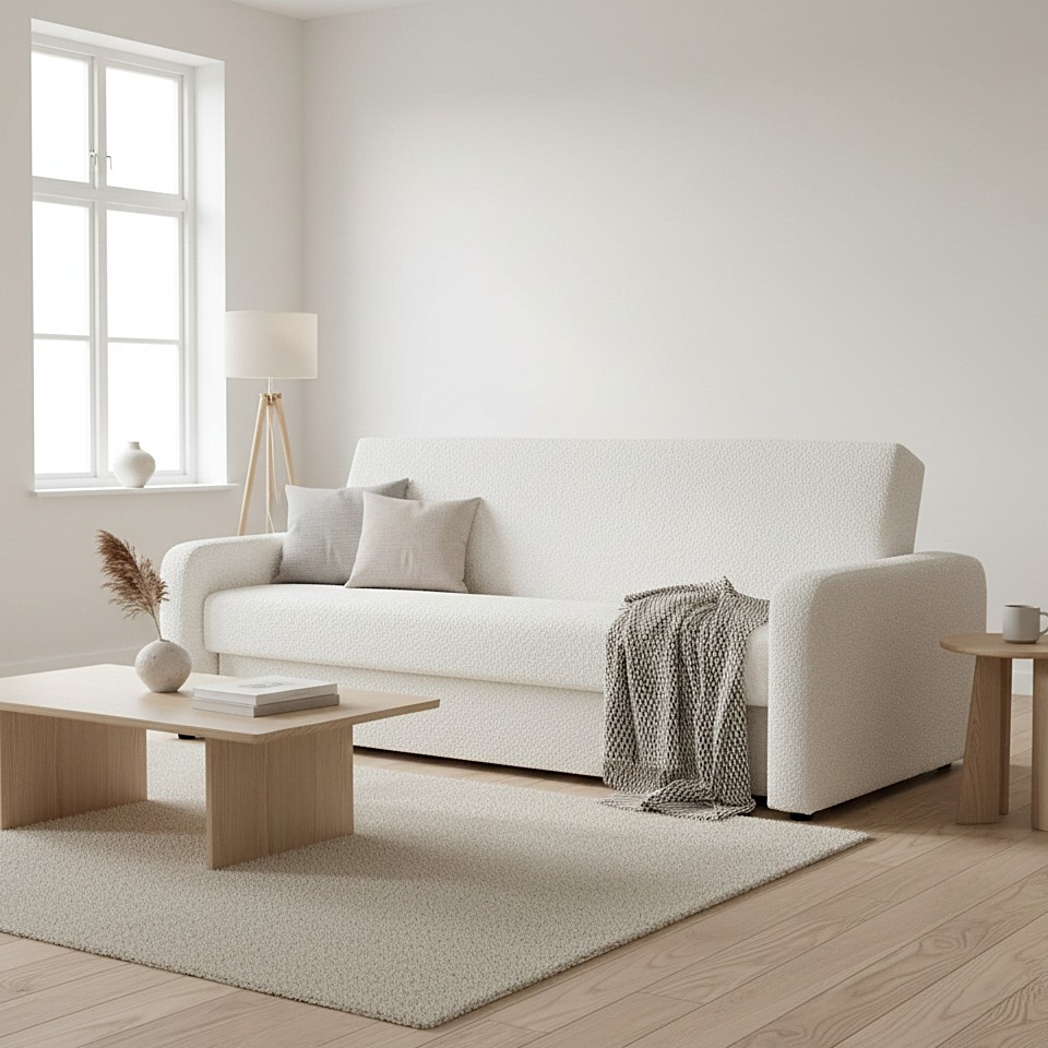 Jasne wnętrze z rozkładaną sofą obitą tkaniną boucle, stolikiem kawowym i dywanem w odcieniach beżu. Minimalistyczny design, naturalne światło z okna.