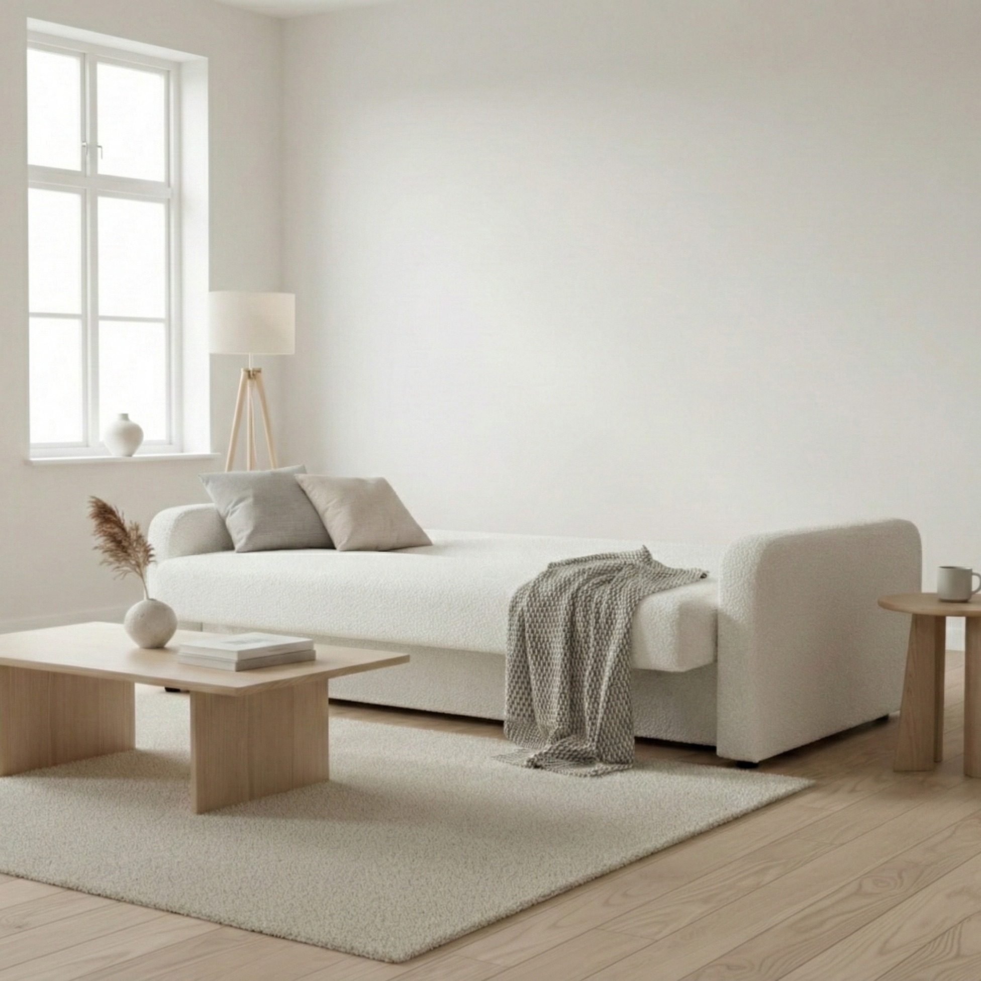 Jasne wnętrze z rozłożoną sofą, stolikiem kawowym i dywanem w neutralnych barwach. Minimalistyczny design, miękkie światło, drewniana podłoga. Dekoracje: wazon, książki, pled.