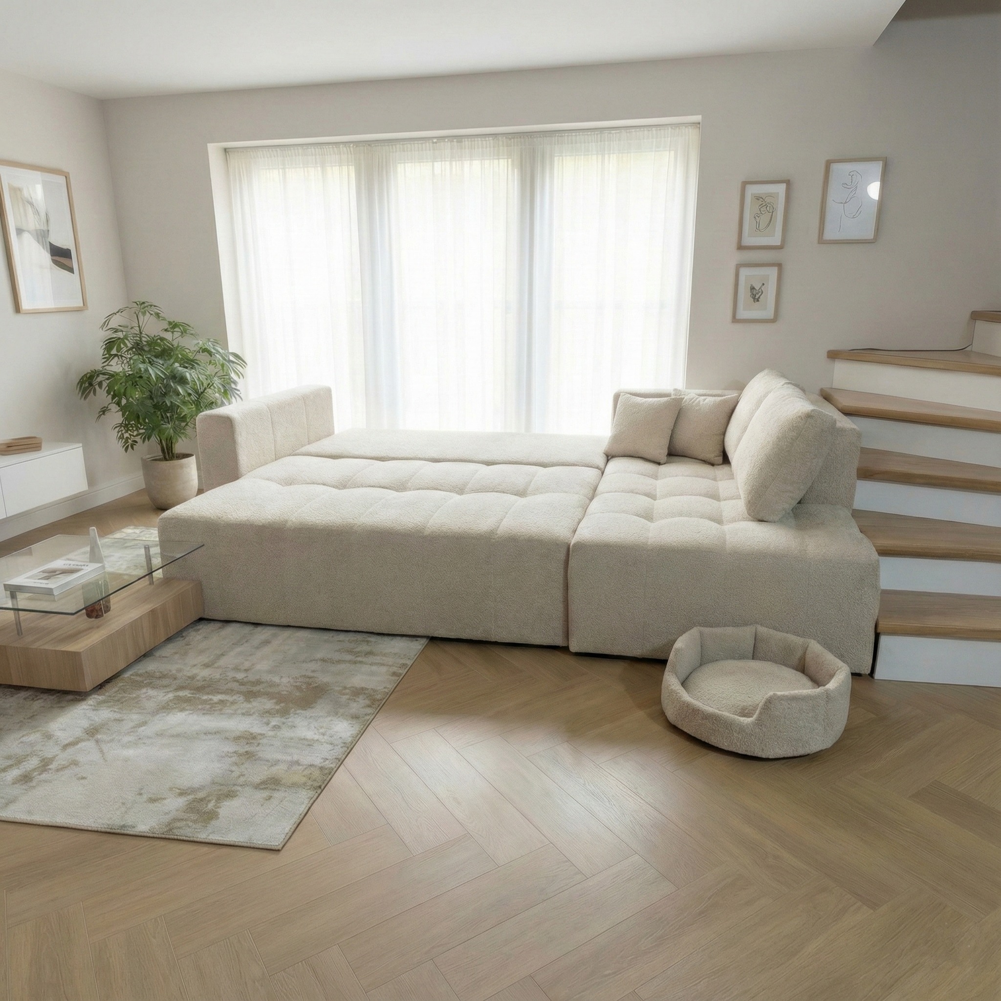 Jasny, modułowy narożnik z puszystej tkaniny w salonie z drewnianą podłogą w jodełkę, obok schodów i legowiska dla psa, w tle okno z białymi zasłonami.