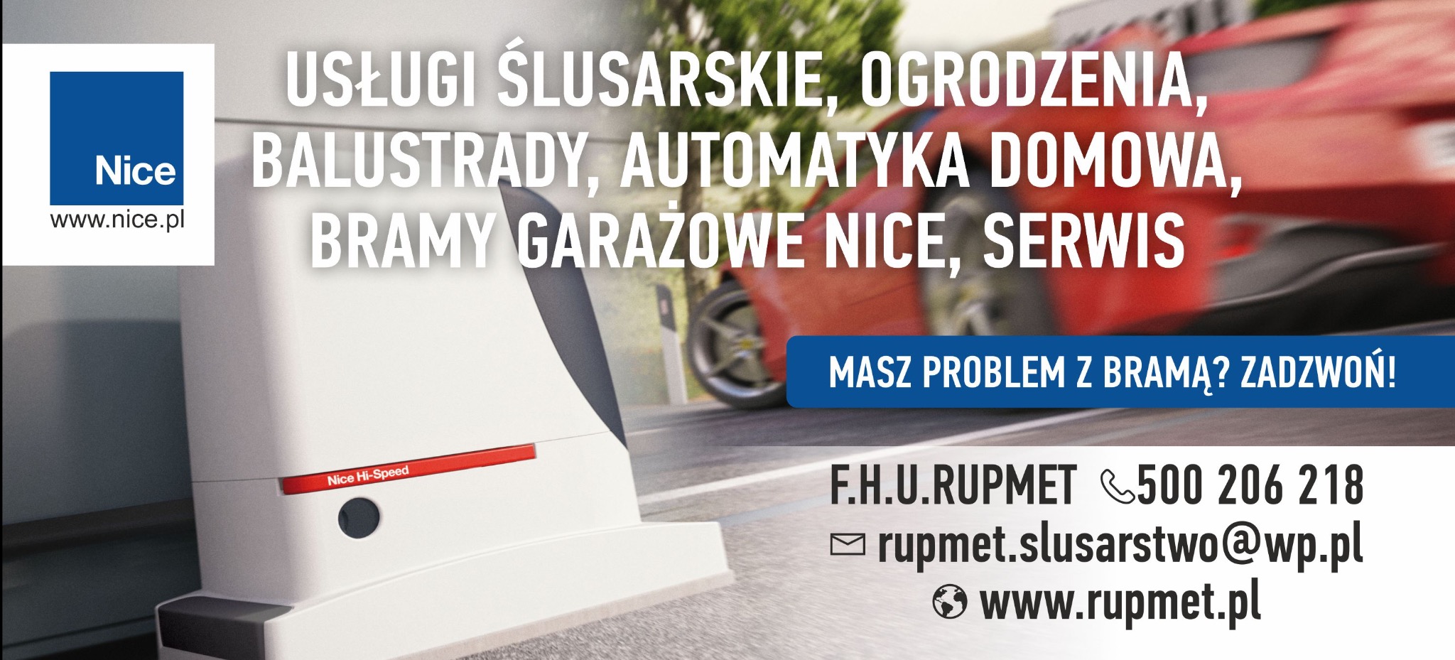 Automat bramy Nice Hi-Speed na tle rozmytego czerwonego auta. Usługi ślusarskie, ogrodzenia, balustrady, automatyka domowa, bramy garażowe Nice, serwis. Kontakt.