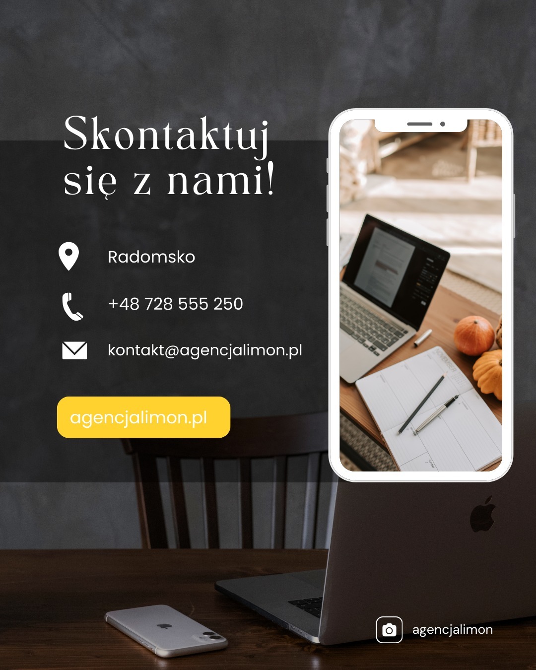 Kontakt do agencji: Radomsko, +48 728 555 250, kontakt@agencjalimon.pl, agencjalimon.pl. Na biurku laptop, telefon i kalendarz w ramce smartfona.