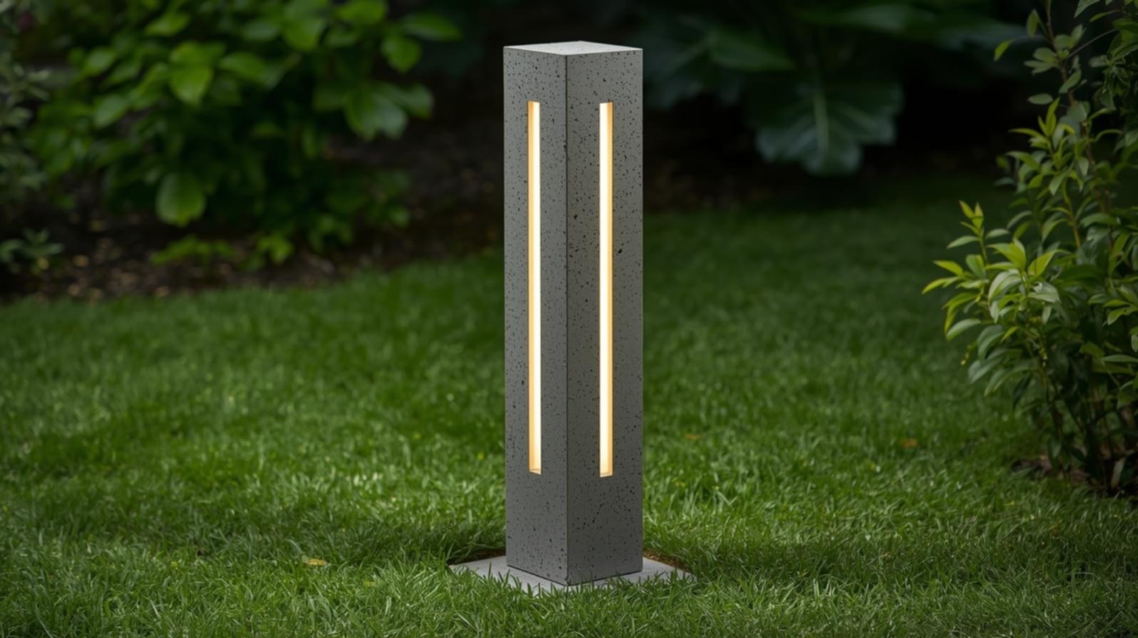 Betonowa lampa ogrodowa z dwoma pionowymi szczelinami, emitująca ciepłe światło, otoczona zielonym trawnikiem i roślinnością.