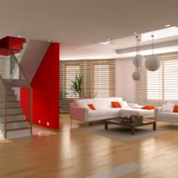 Jasne wnętrze nowoczesnego domu z drewnianą podłogą, białymi meblami z pomarańczowymi akcentami i schodami z czerwonymi elementami, doświetlone przez okna z żaluzjami i wiszące lampy.