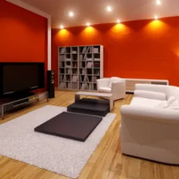 Nowoczesny salon z pomarańczową ścianą, białymi meblami, drewnianą podłogą i dywanem z długim włosiem, oświetlony punktowymi lampami sufitowymi.