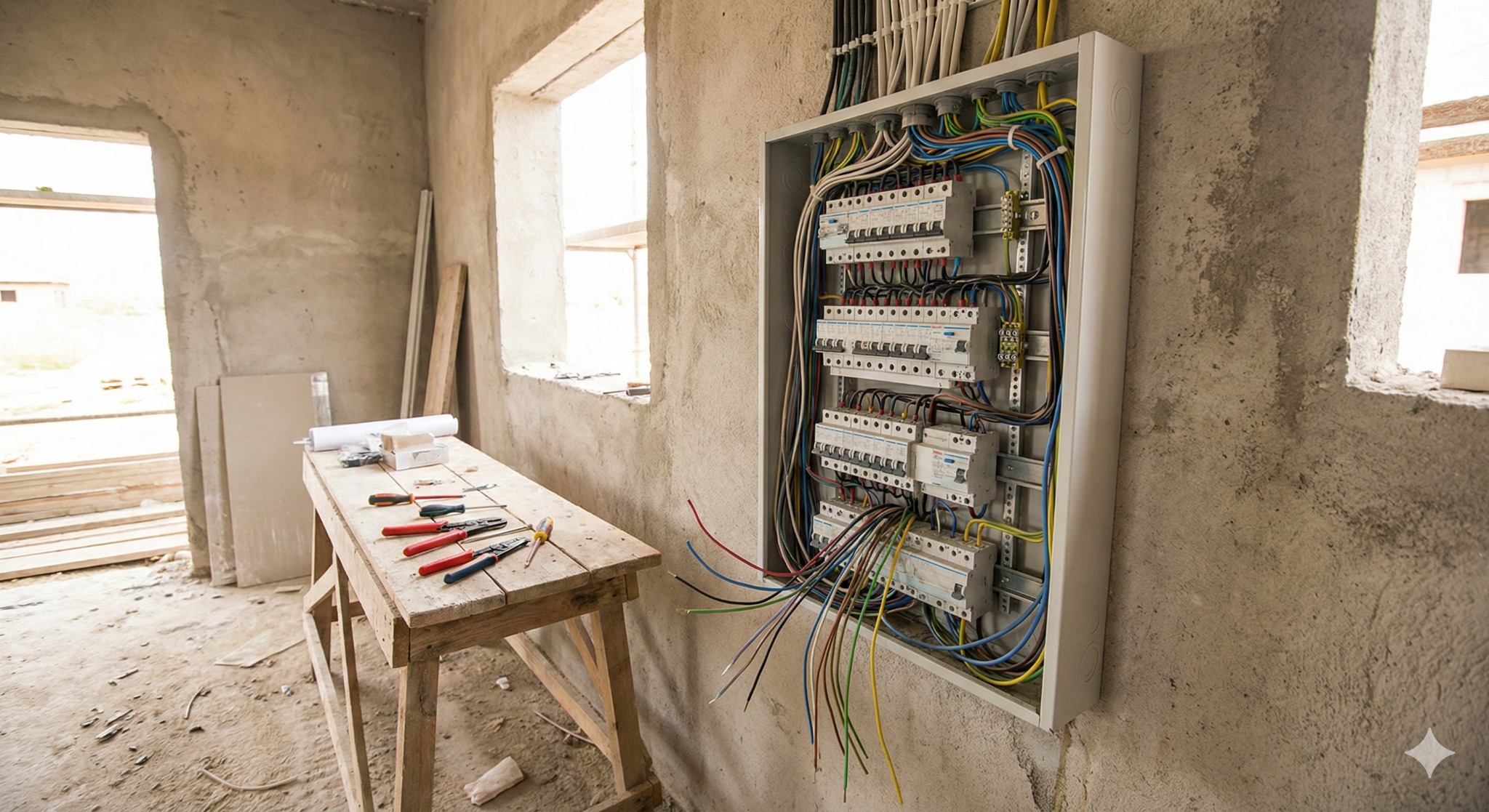 Rozdzielnia elektryczna z podłączonymi przewodami w surowym wnętrzu. Na stole narzędzia i plany. Widoczne okno z surowym wykończeniem.
