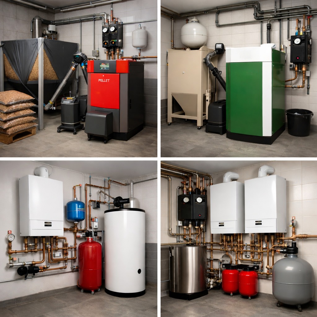 Kolaż czterech różnych kotłowni z piecami na pellet, gazowymi i zbiornikami, ukazujący kompleksowe instalacje grzewcze w pomieszczeniach wyłożonych płytkami.