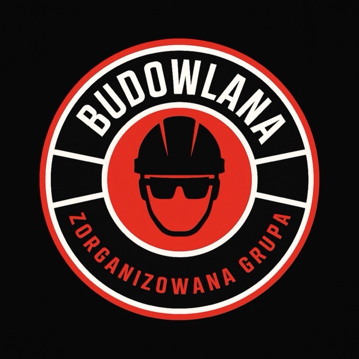 Okrągłe logo firmy budowlanej z sylwetką osoby w kasku i okularach, otoczone napisem 'Budowlana Zorganizowana Grupa' w kolorach czerni, bieli i czerwieni.