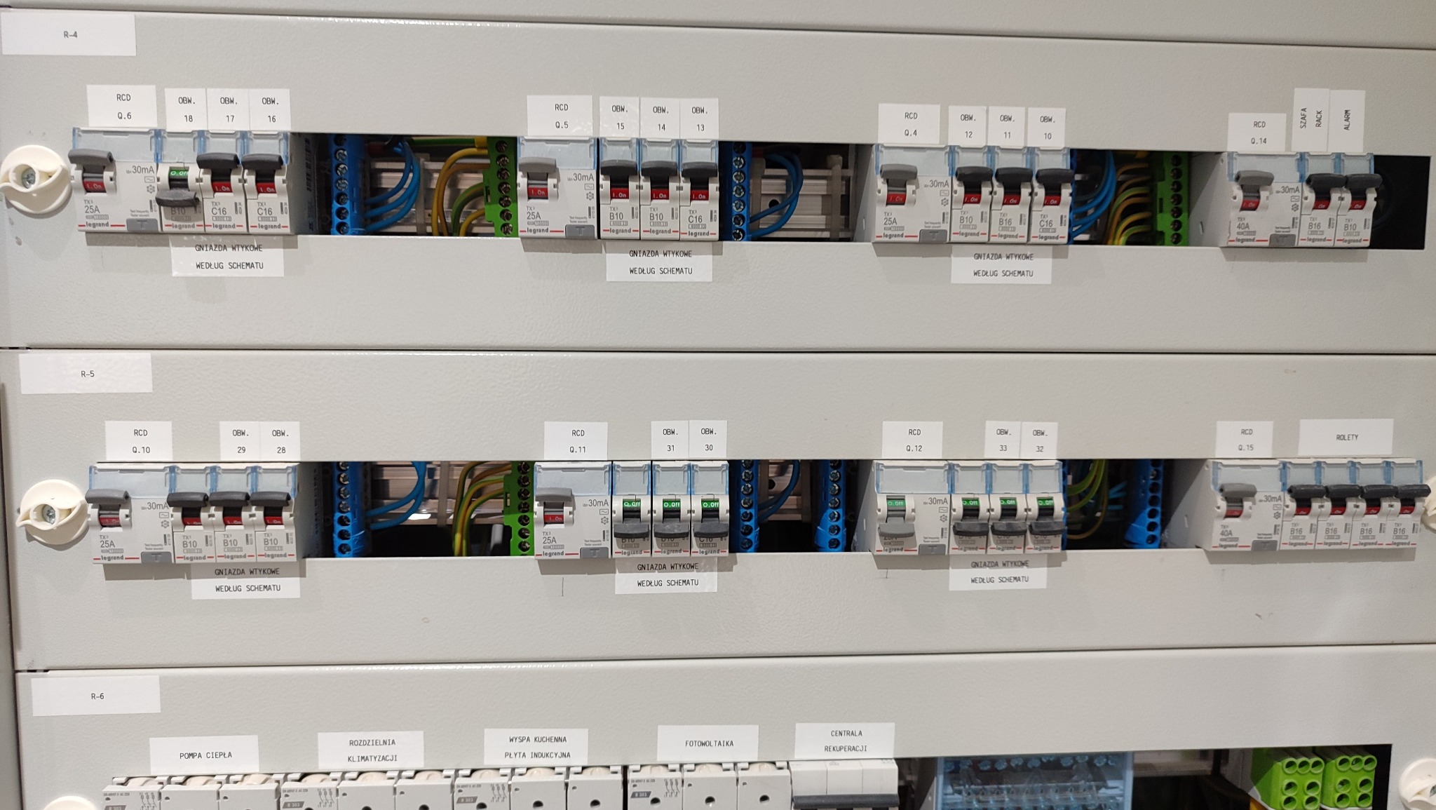 Rozdzielnica elektryczna z bezpiecznikami i opisami obwodów, widoczne okablowanie i elementy instalacji. Szare tło szafy rozdzielczej, etykiety z oznaczeniami.