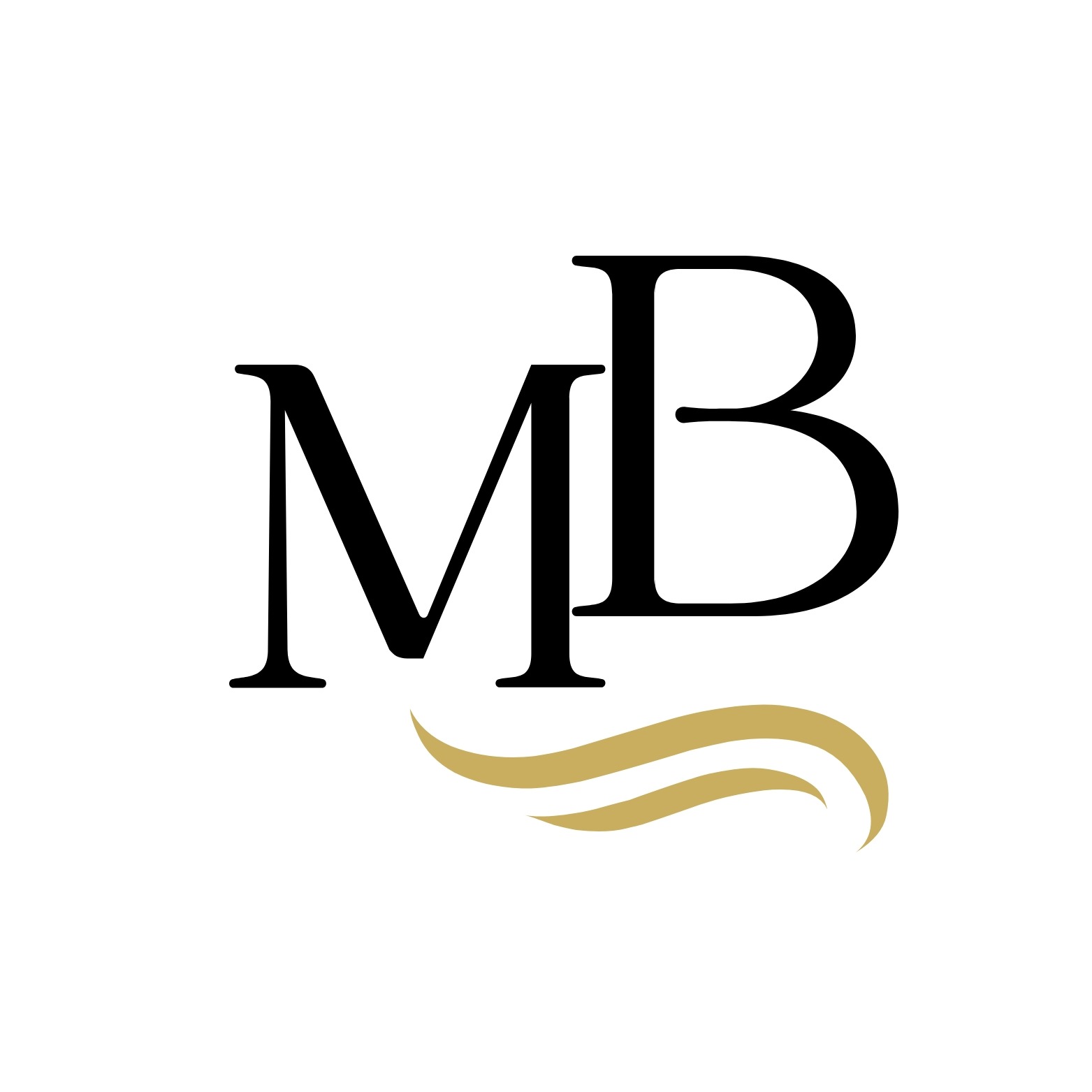 Eleganckie logo 'MB' w czerni, z subtelnym złotym akcentem w formie stylizowanych fal pod literami, na czystym białym tle. Minimalistyczny design.
