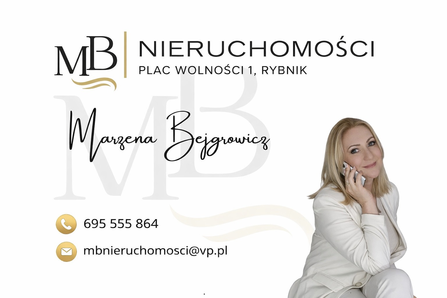 Wizytówka Marzeny Bejgrowicz z MB Nieruchomości Rybnik, z blondwłosą kobietą rozmawiającą przez telefon, na białym tle z logo i danymi kontaktowymi.