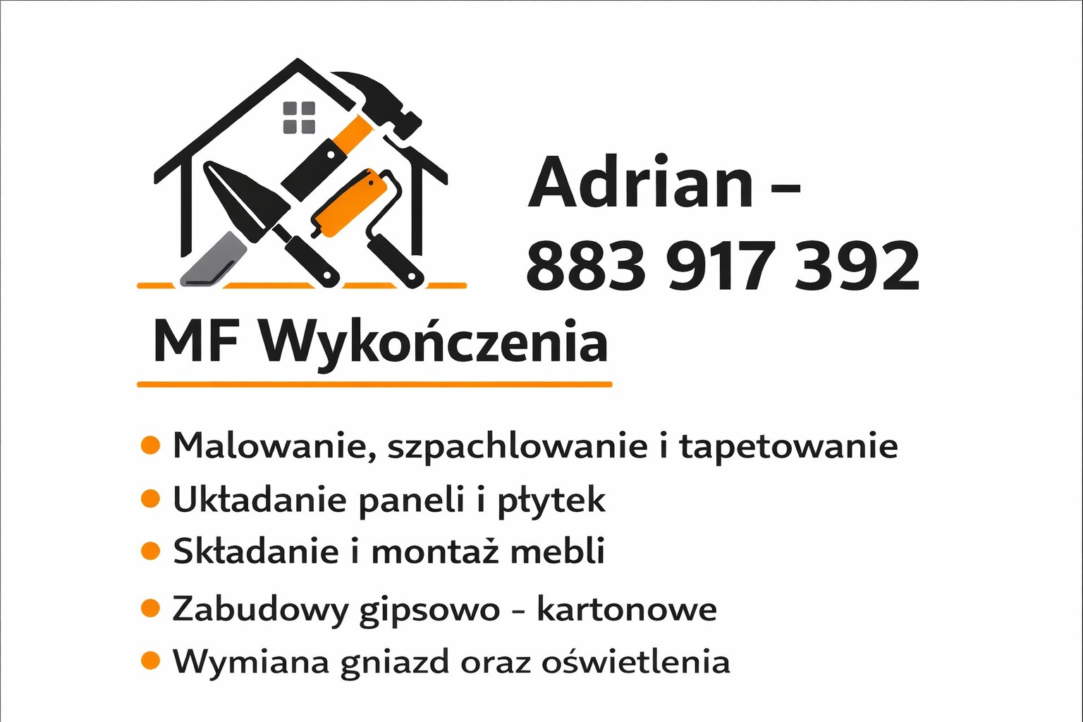 Grafika z logo firmy MF Wykończenia. Oferta obejmuje malowanie, szpachlowanie, tapetowanie, układanie paneli i płytek, montaż mebli, zabudowy g-k i wymianę gniazd.