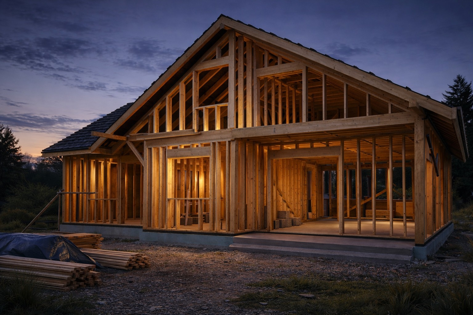 Konstrukcja domu szkieletowego w Dzierżoniowie o zmierzchu. Widoczne drewniane ramy ścian i dachu, częściowo pokryte poszyciem. W tle ciemne niebo i zieleń.