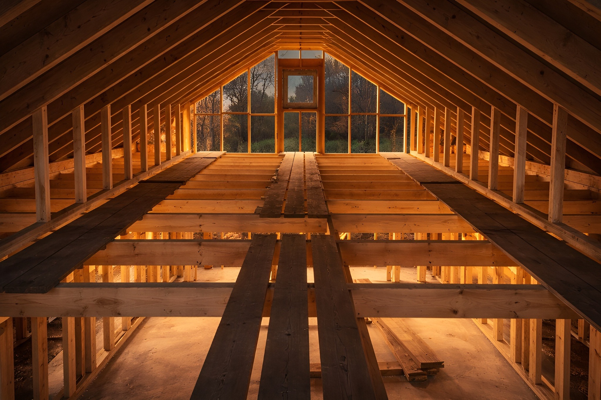 Wnętrze domu w trakcie budowy, widok na drewnianą konstrukcję dachu i podłogi z desek, z oknem na końcu, przez które widać drzewa.