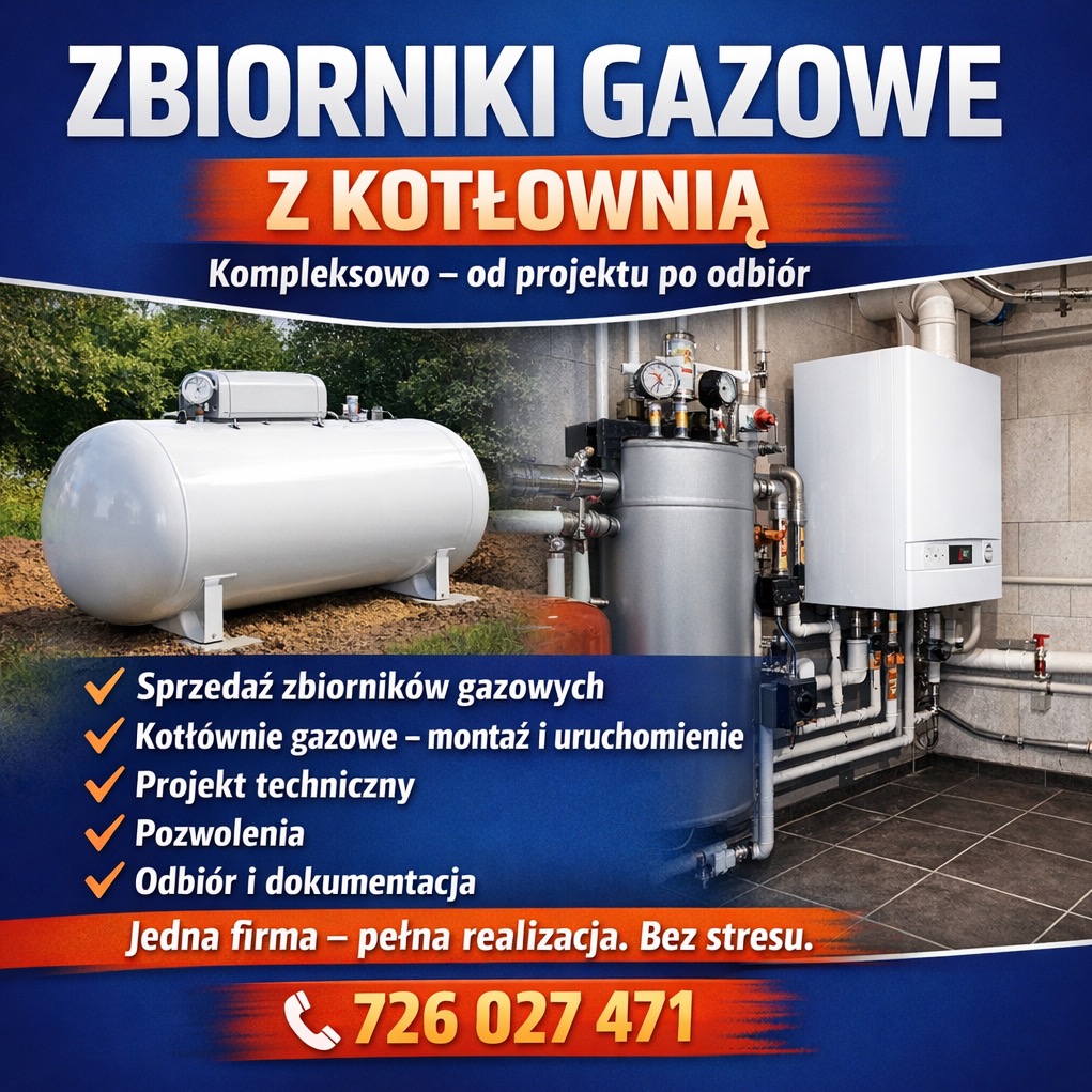Zbiorniki gazowe z kotłownią: zewnętrzny zbiornik LPG i wewnętrzna instalacja z piecem gazowym. Oferta kompleksowej realizacji, od projektu po odbiór.